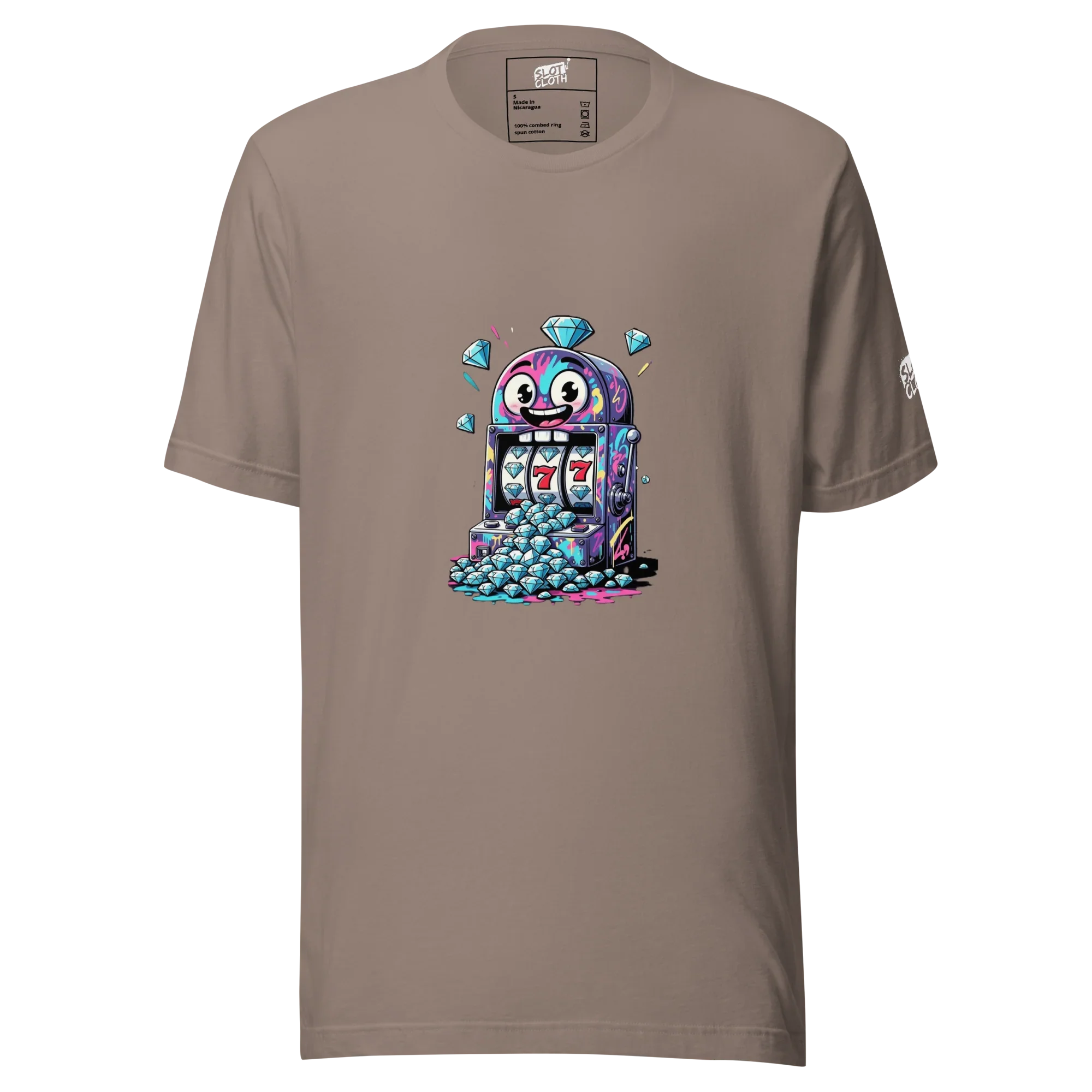 Brown t-shirt with colorful slot machine graphic, diamonds, and lucky 7s for casino lovers