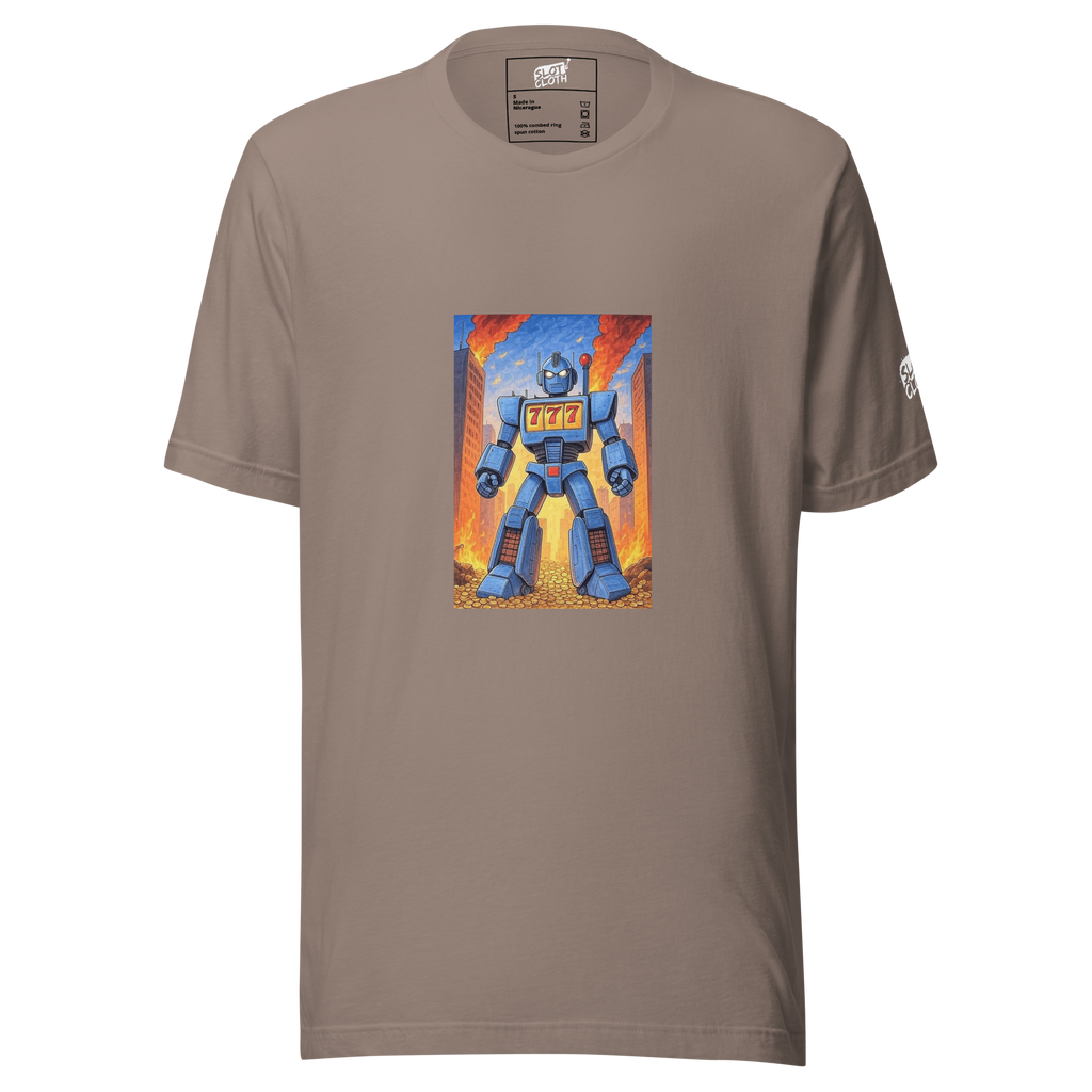 Brown t-shirt with blue robot graphic featuring 777 slot machine design, fiery city background, and gold coins