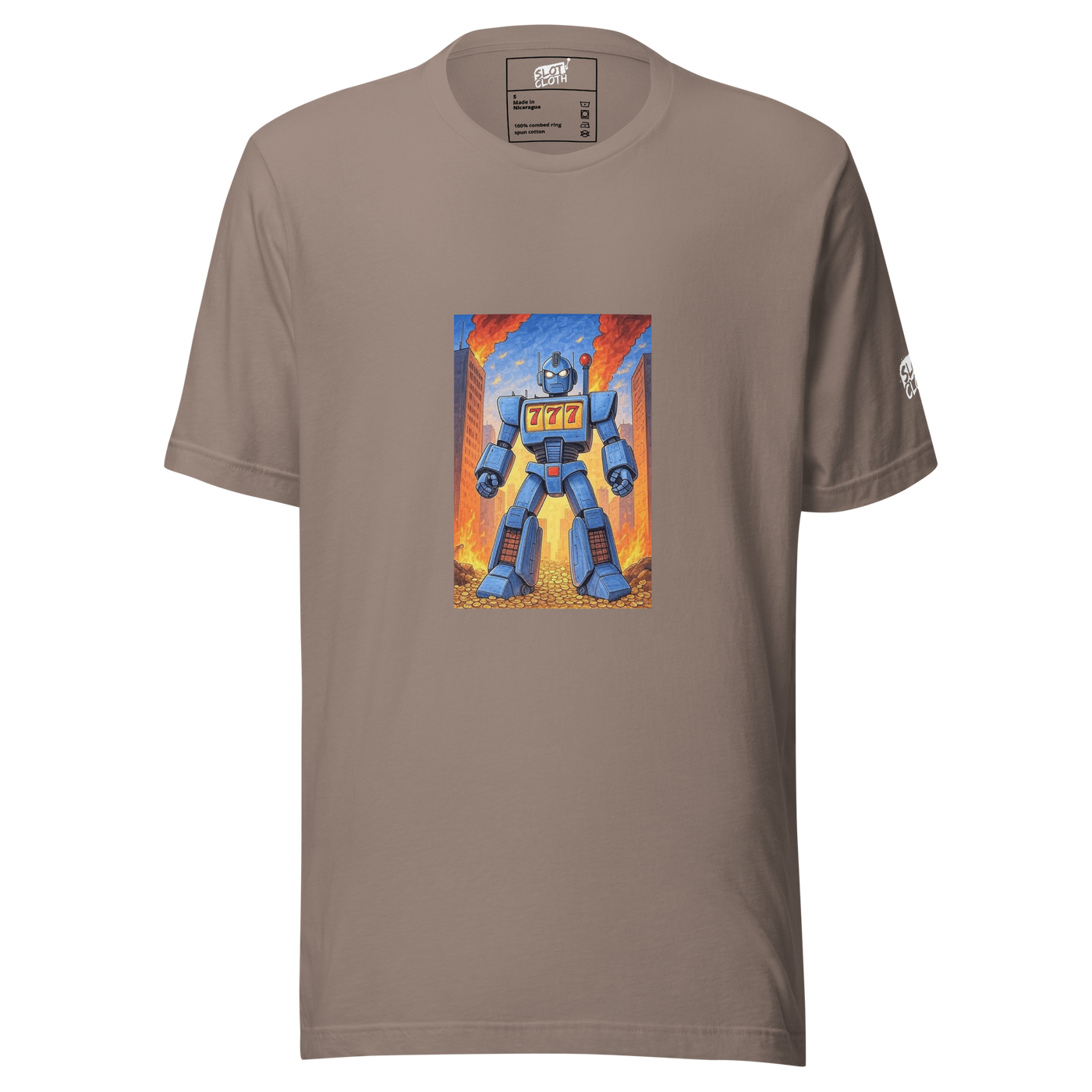 Brown t-shirt with blue robot graphic featuring 777 slot machine design, fiery city background, and gold coins
