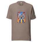 Brown t-shirt with blue robot graphic featuring 777 slot machine design, fiery city background, and gold coins
