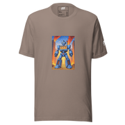 Brown t-shirt with blue robot graphic featuring 777 slot machine design, fiery city background, and gold coins
