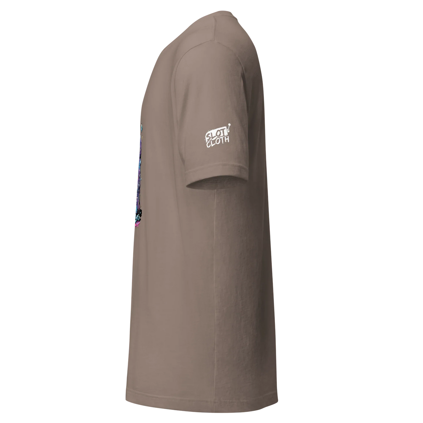 Brown t-shirt with Slot Cloth logo and colorful slot machine design on sleeve