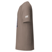 Brown t-shirt with Slot Cloth logo and colorful slot machine design on sleeve