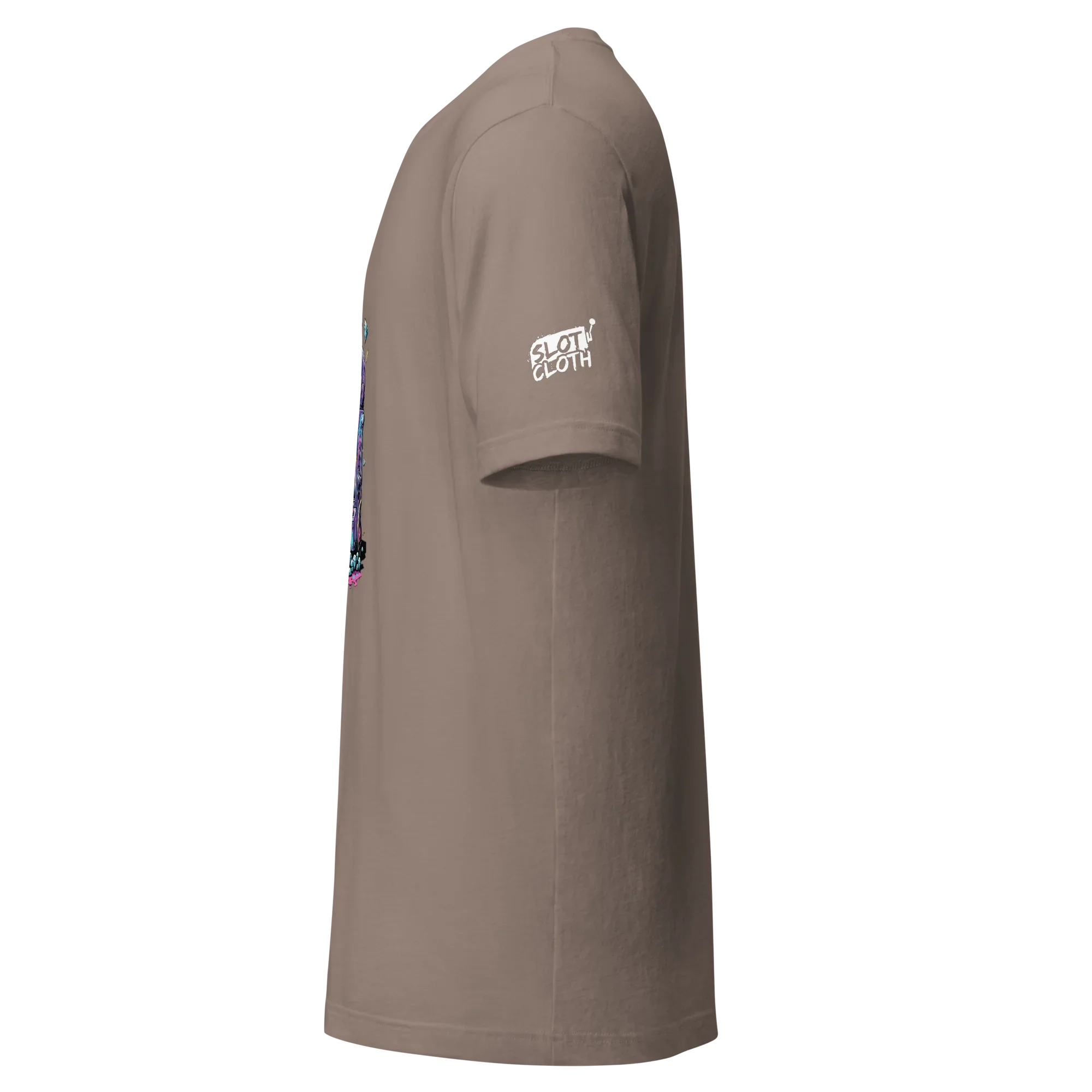 Brown t-shirt with Slot Cloth logo and colorful slot machine design on sleeve
