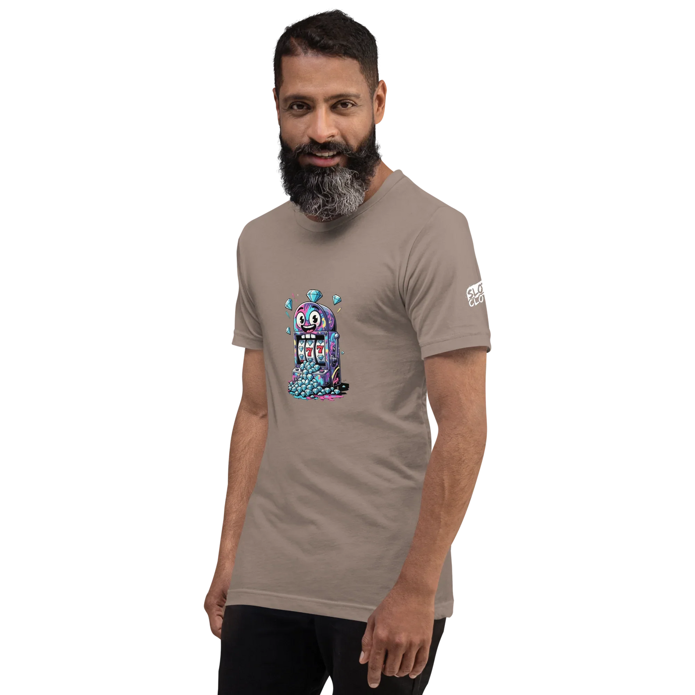 Man wearing beige t-shirt with colorful slot machine graphic, 777 jackpot design, diamond accents, and playful casino theme
