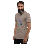 Man wearing beige t-shirt with colorful slot machine graphic, 777 jackpot design, diamond accents, and playful casino theme