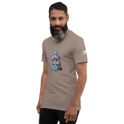 Man wearing beige t-shirt with colorful slot machine graphic, 777 jackpot design, diamond accents, and playful casino theme