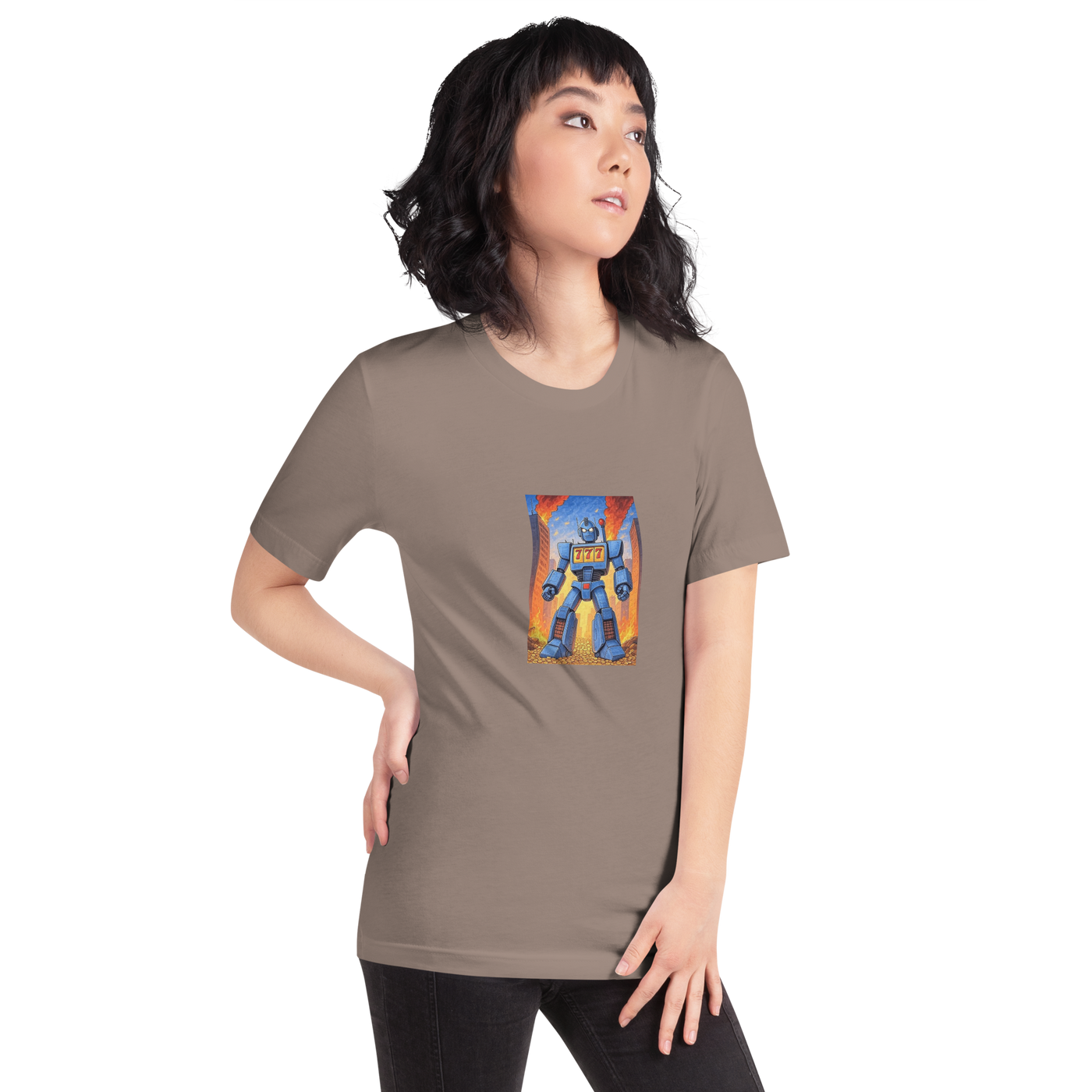 Brown t-shirt with blue robot design featuring 777, perfect for slot-themed fashion lovers
