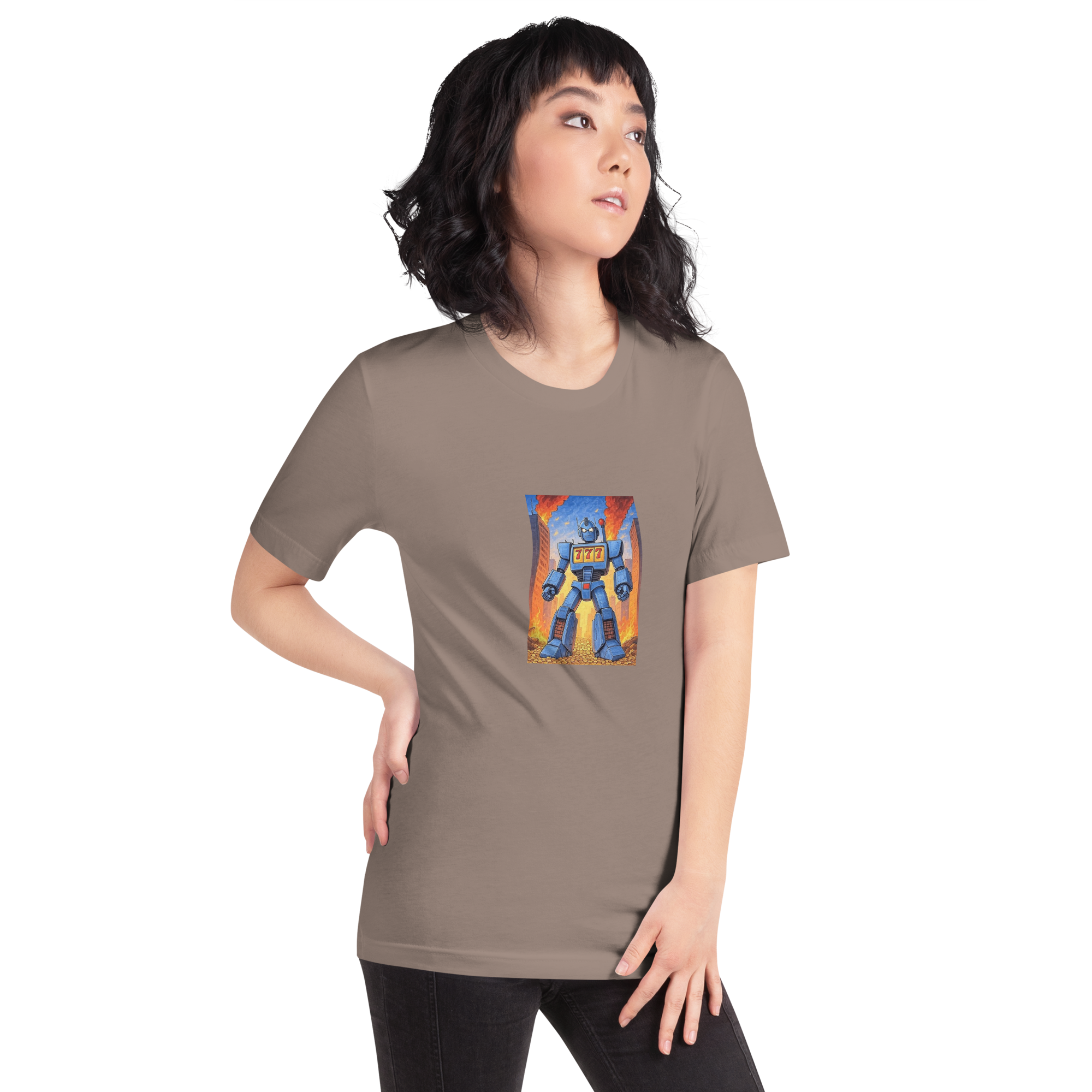 Brown t-shirt with blue robot design featuring 777, perfect for slot-themed fashion lovers