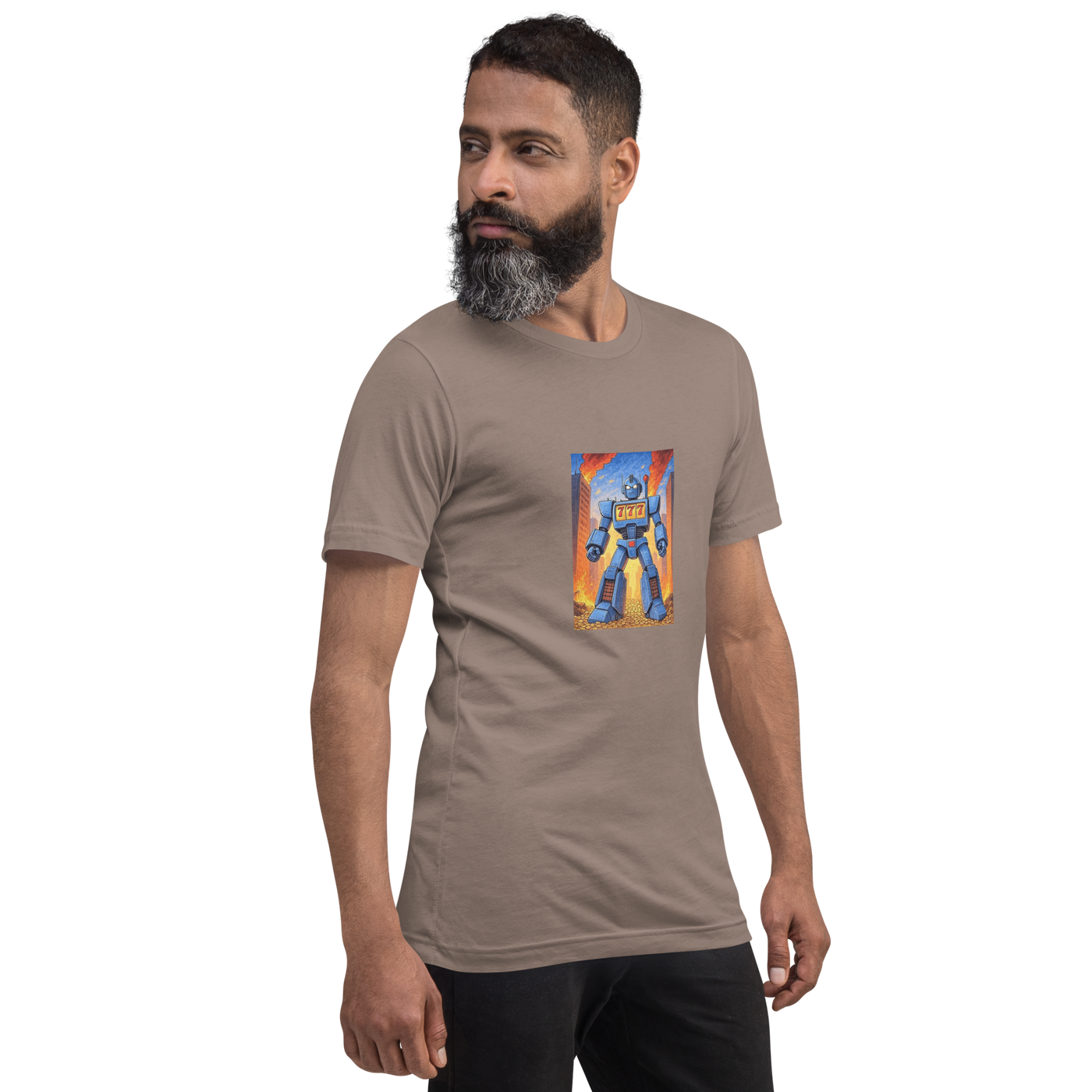 Man wearing beige t-shirt with blue robot graphic featuring 777, slot machine theme design