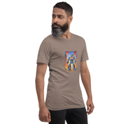 Man wearing beige t-shirt with blue robot graphic featuring 777, slot machine theme design