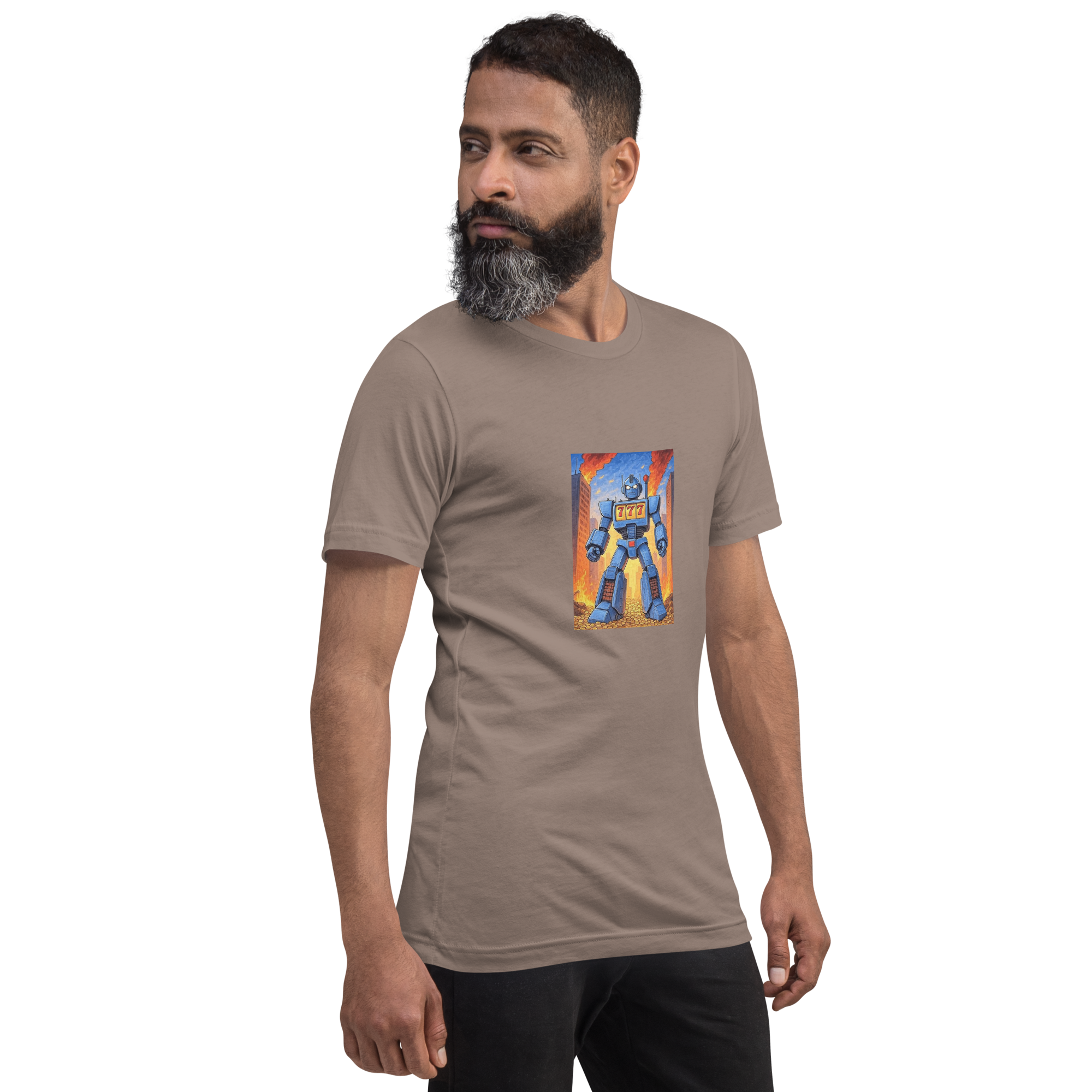 Man wearing beige t-shirt with blue robot graphic featuring 777, slot machine theme design