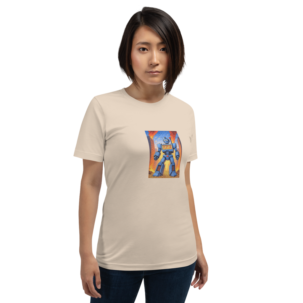 Beige t-shirt with blue robot graphic featuring 777, perfect for slot machine fans and casino lovers