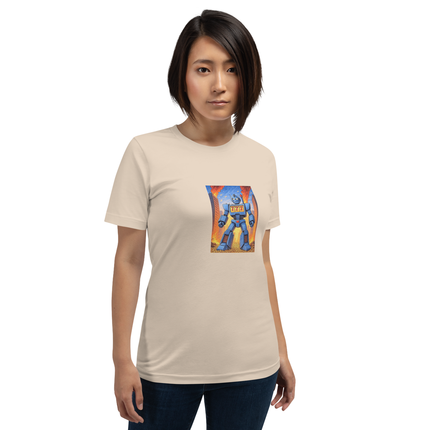 Beige t-shirt with blue robot graphic featuring 777, perfect for slot machine fans and casino lovers