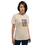Beige t-shirt with blue robot graphic featuring 777, perfect for slot machine fans and casino lovers
