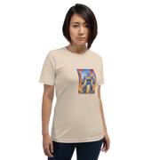 Beige t-shirt with blue robot graphic featuring 777, perfect for slot machine fans and casino lovers