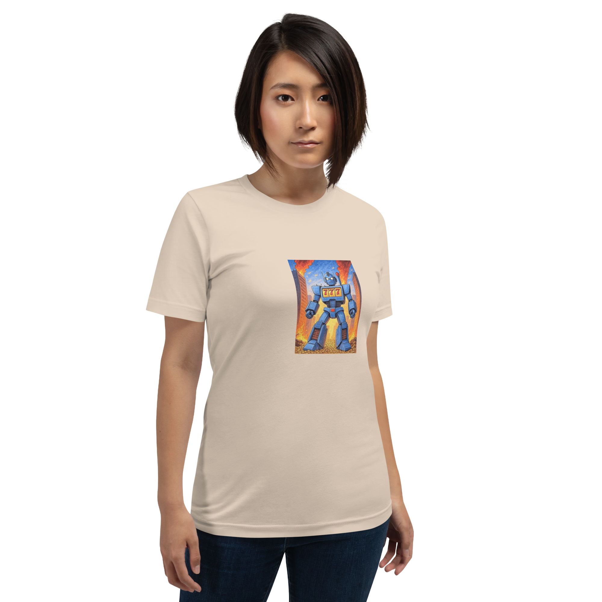 Beige t-shirt with blue robot graphic featuring 777, perfect for slot machine fans and casino lovers