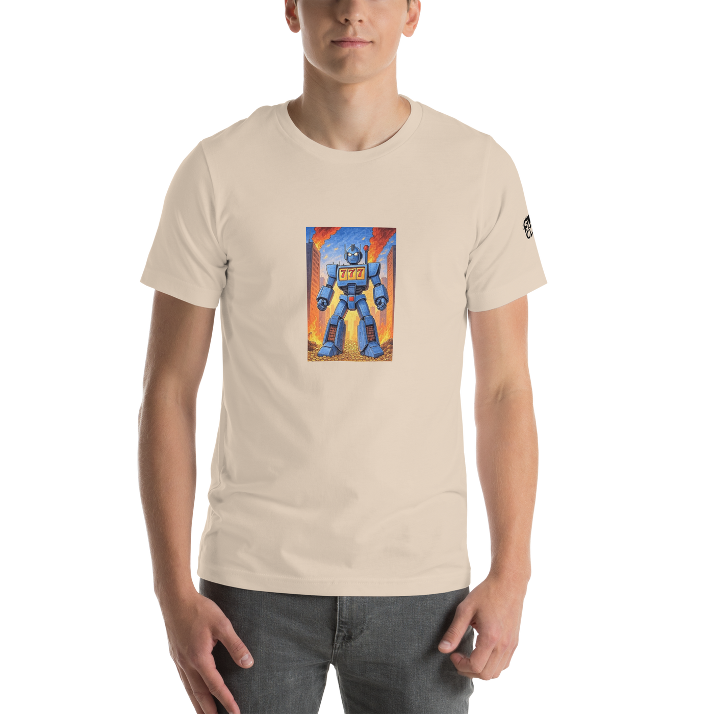 Beige t-shirt with blue robot graphic featuring 777, slot-themed design for players