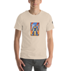 Beige t-shirt with blue robot graphic featuring 777, slot-themed design for players
