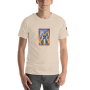 Beige t-shirt with blue robot graphic featuring 777, slot-themed design for players