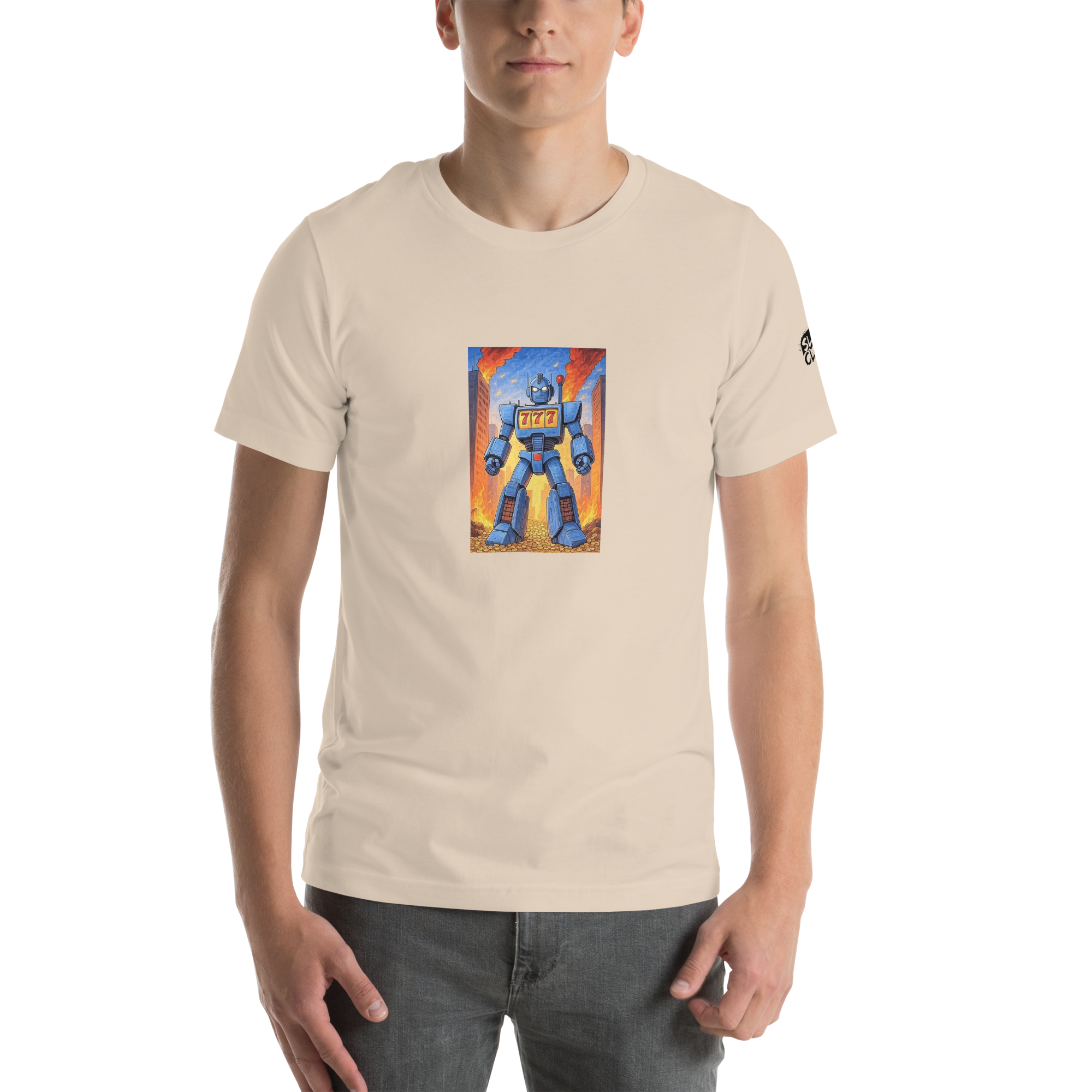 Beige t-shirt with blue robot graphic featuring 777, slot-themed design for players