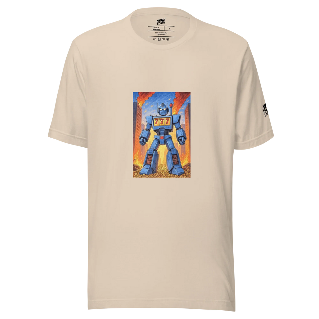 Beige t-shirt with blue robot graphic featuring 777 slot machine design, cityscape background