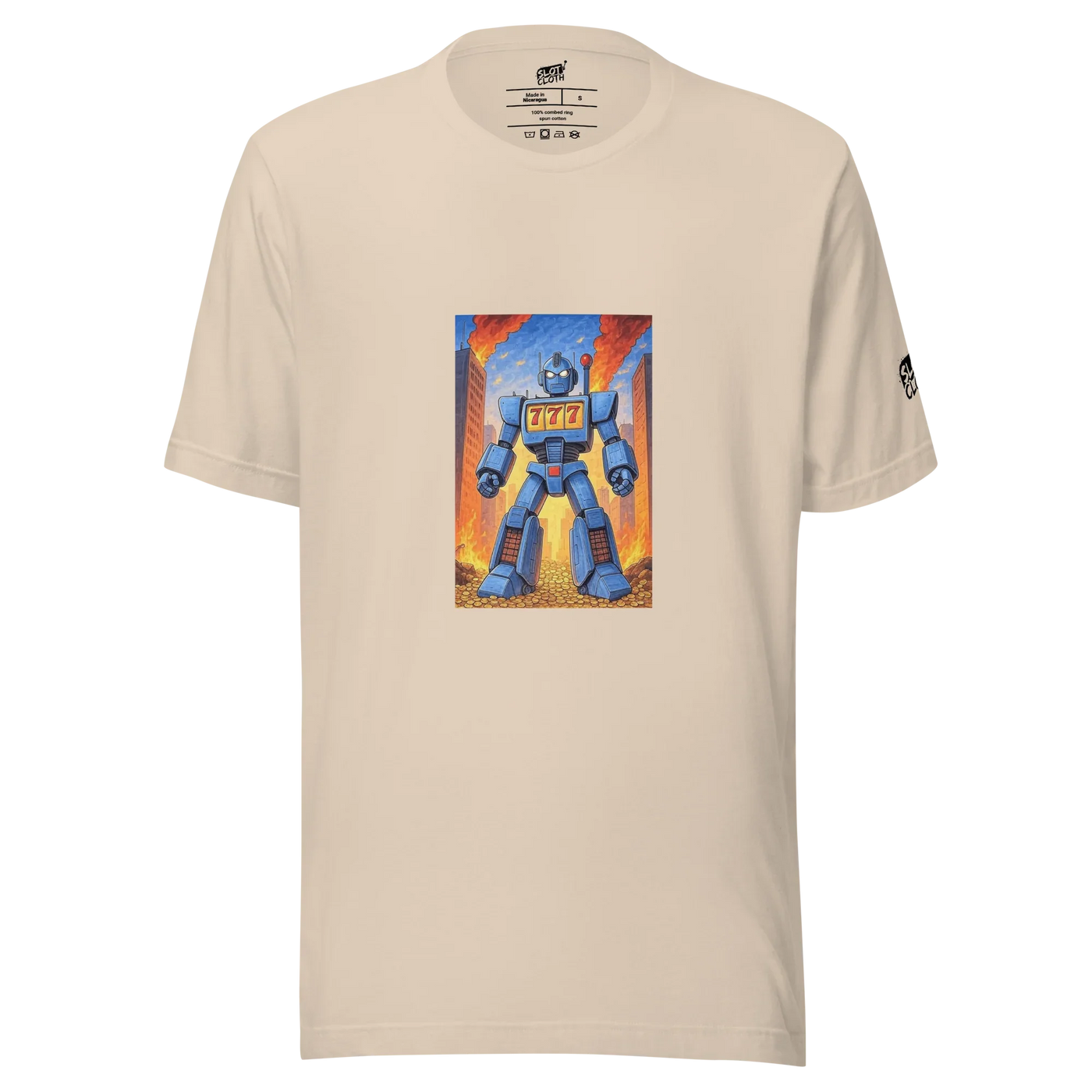 Beige t-shirt with blue robot graphic featuring 777 slot machine design, cityscape background