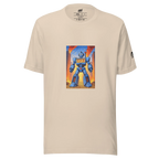Beige t-shirt with blue robot graphic featuring 777 slot machine design, cityscape background