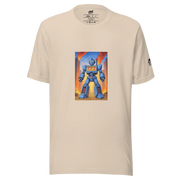 Beige t-shirt with blue robot graphic featuring 777 slot machine design, cityscape background