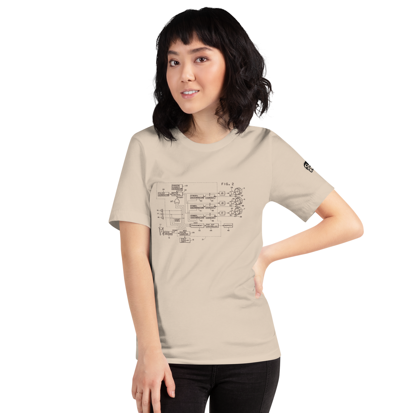 Beige t-shirt with vintage slot machine schematic diagram, perfect for casino enthusiasts and tech lovers