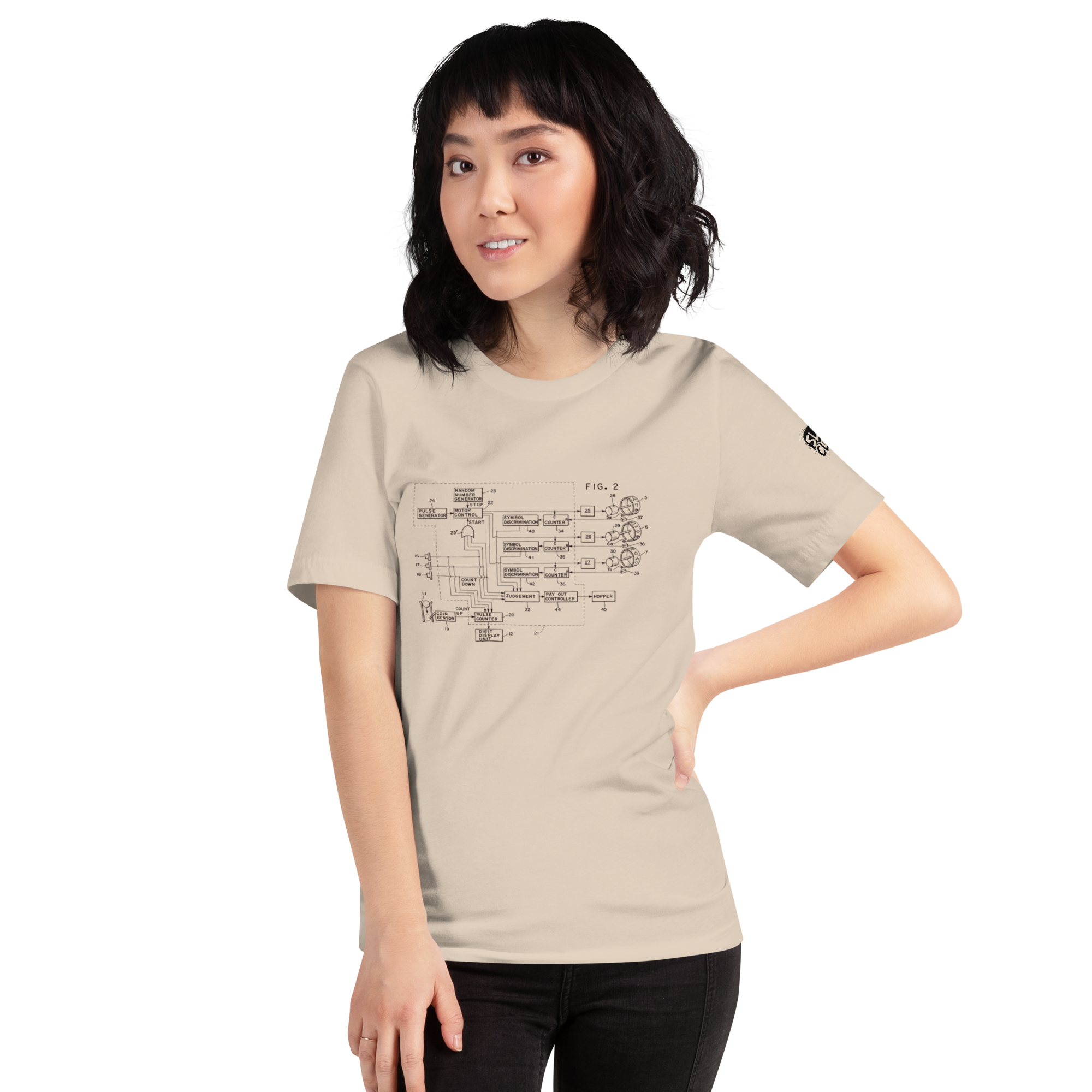 Beige t-shirt with vintage slot machine schematic diagram, perfect for casino enthusiasts and tech lovers