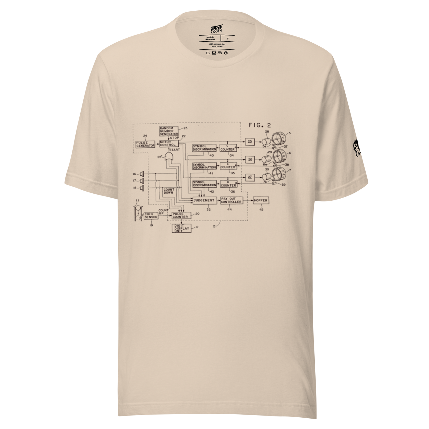 Beige t-shirt featuring a slot machine schematic diagram with labeled components like coin sensor and hopper.
