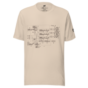 Beige t-shirt featuring a slot machine schematic diagram with labeled components like coin sensor and hopper.