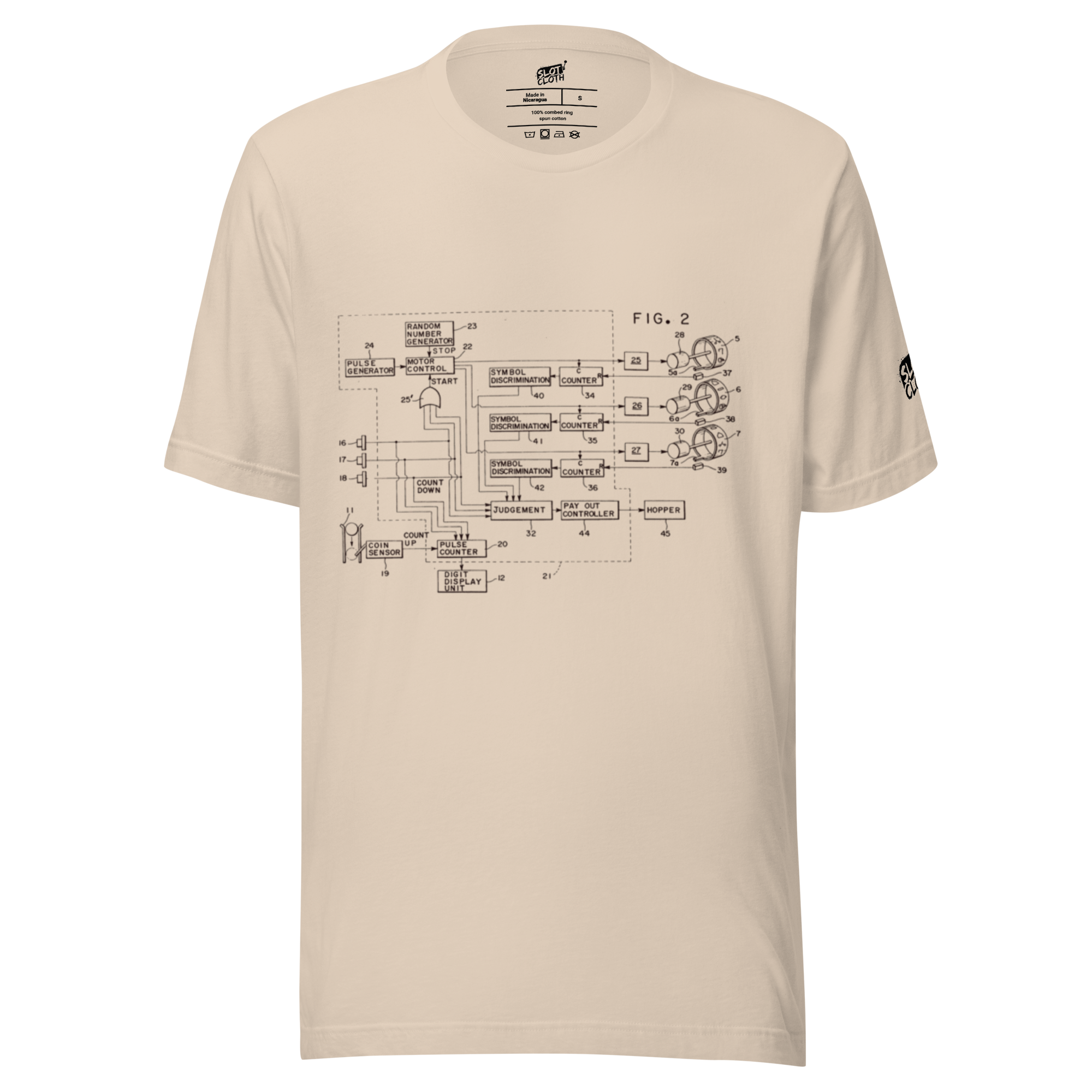 Beige t-shirt featuring a slot machine schematic diagram with labeled components like coin sensor and hopper.