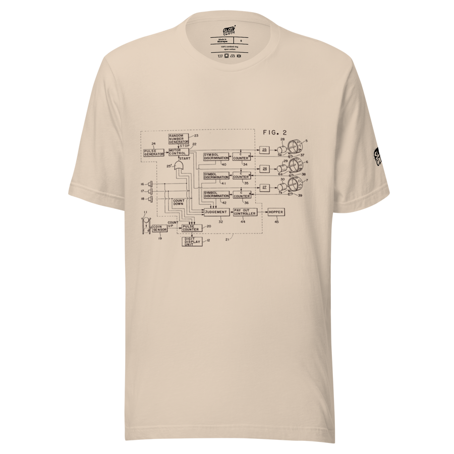 Beige t-shirt featuring a slot machine schematic diagram with labeled components like coin sensor and hopper.