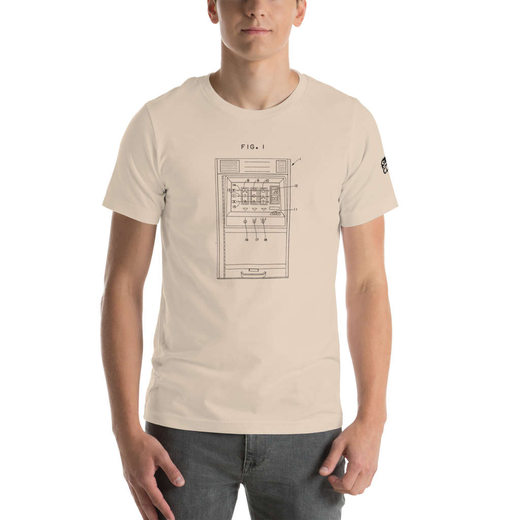 Beige t-shirt with slot machine patent diagram print, featuring quirky casino-themed design for players