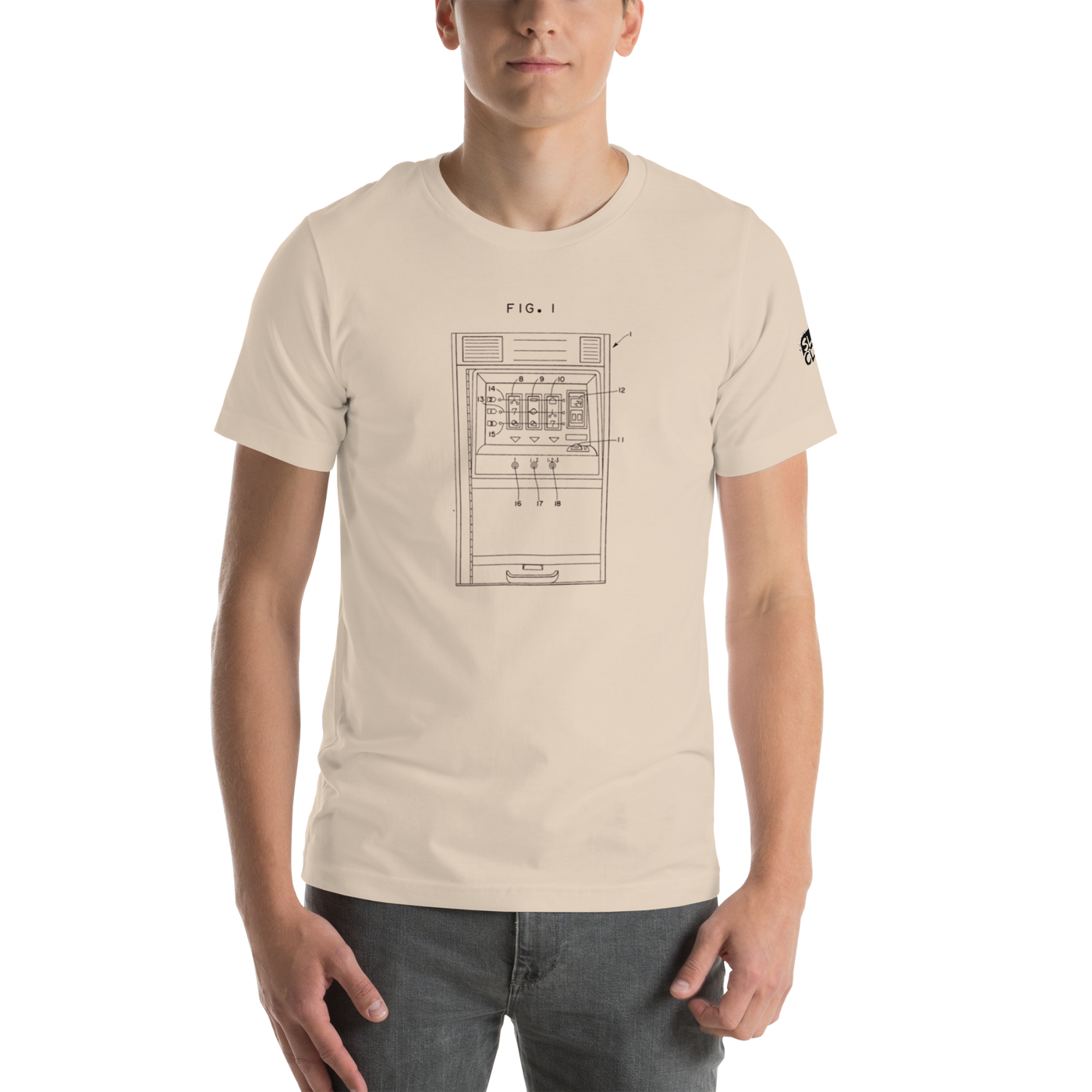 Beige t-shirt with slot machine patent diagram print, featuring quirky casino-themed design for players