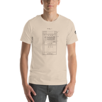 Beige t-shirt with slot machine patent diagram print, featuring quirky casino-themed design for players
