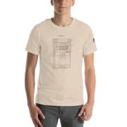 Beige t-shirt with slot machine patent diagram print, featuring quirky casino-themed design for players