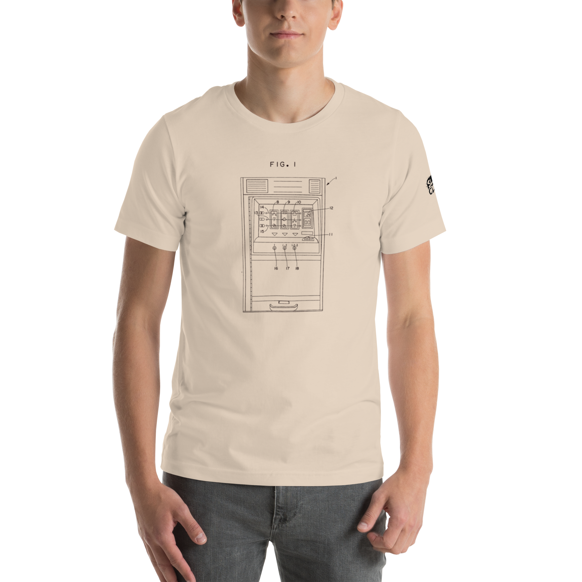 Beige t-shirt with slot machine patent diagram print, featuring quirky casino-themed design for players