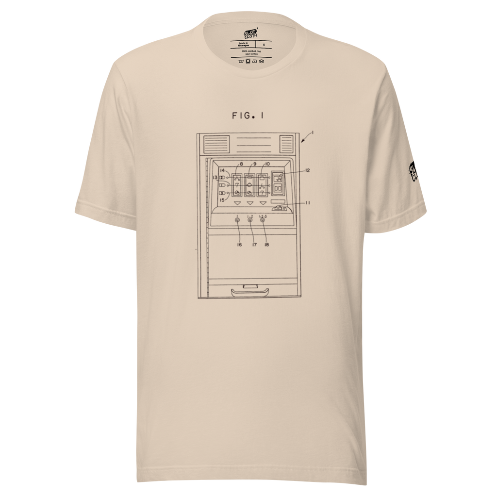 Beige t-shirt with vintage slot machine diagram print, labeled 'FIG. 1', for casino enthusiasts and players.