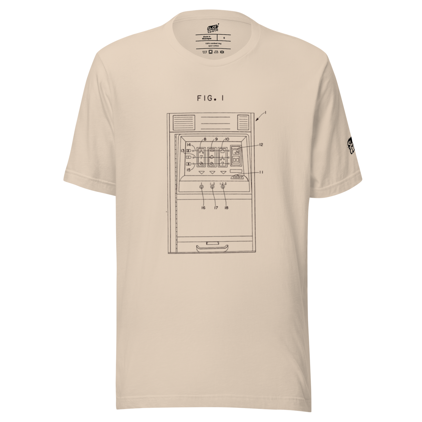 Beige t-shirt with vintage slot machine diagram print, labeled 'FIG. 1', for casino enthusiasts and players.