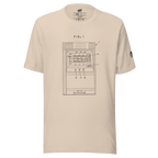 Beige t-shirt with vintage slot machine diagram print, labeled 'FIG. 1', for casino enthusiasts and players.