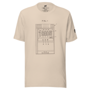 Beige t-shirt with vintage slot machine diagram print, labeled 'FIG. 1', for casino enthusiasts and players.