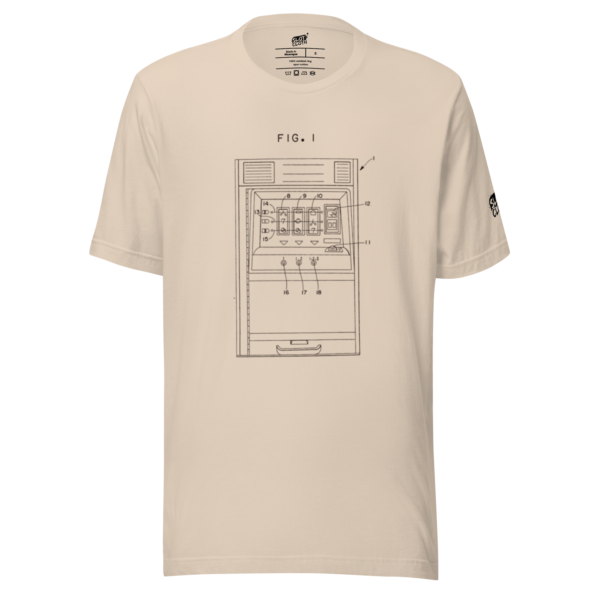 Beige t-shirt with vintage slot machine diagram print, labeled 'FIG. 1', for casino enthusiasts and players.