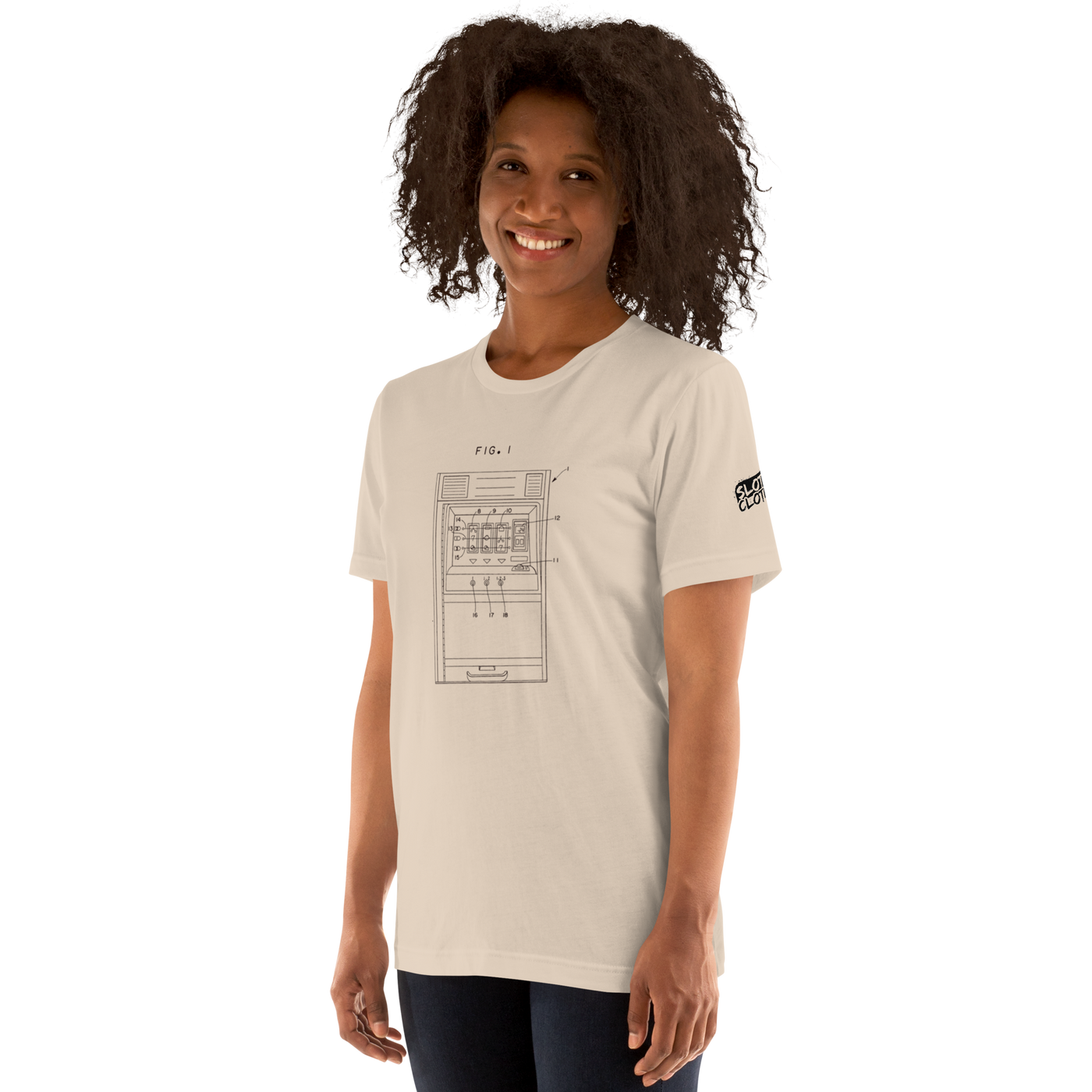 Woman wearing slot machine blueprint t-shirt, quirky gaming apparel for players