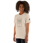 Woman wearing slot machine blueprint t-shirt, quirky gaming apparel for players
