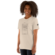 Woman wearing slot machine blueprint t-shirt, quirky gaming apparel for players