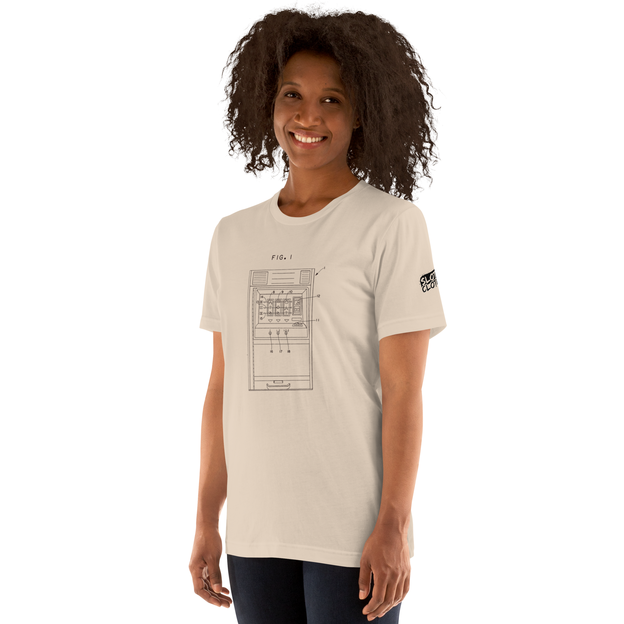 Woman wearing slot machine blueprint t-shirt, quirky gaming apparel for players