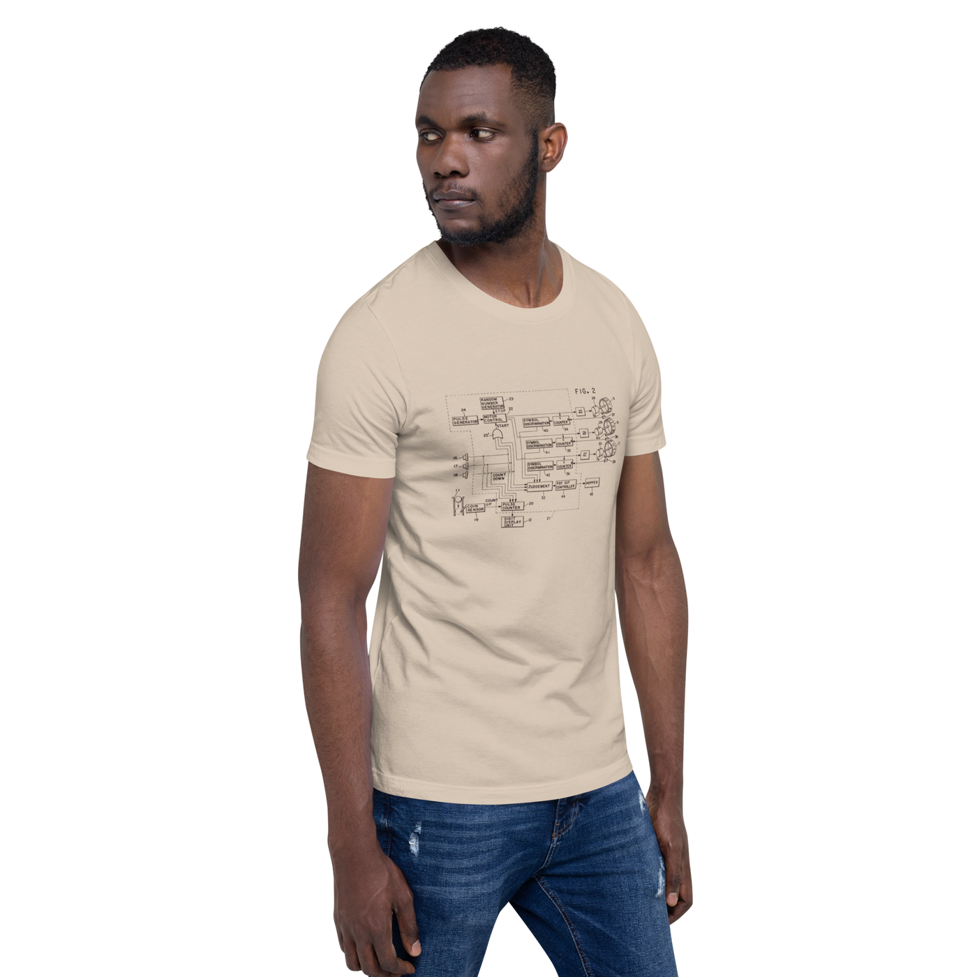 Man wearing beige t-shirt with slot machine schematic diagram, quirky gaming apparel for players
